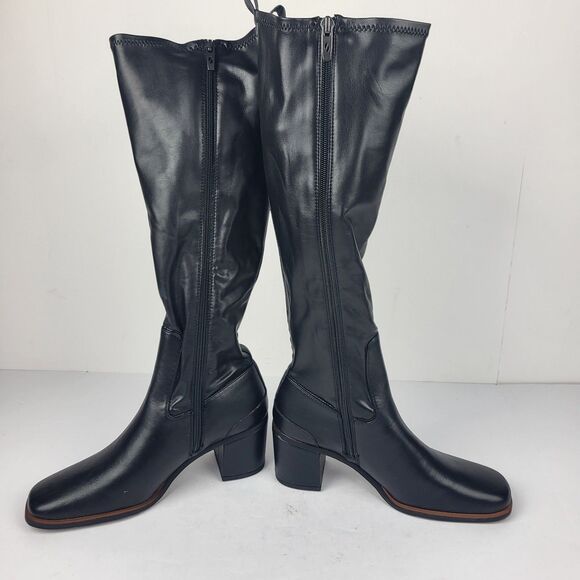 Franco Sarto Figaro Black Leather Knee High Heeled Stretch Faux leather Boots 8M - Picture 14 of 16
